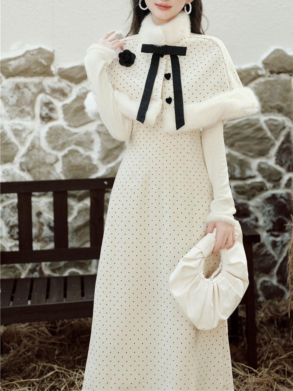 White Polka Dots Fluffy Cape Vintage Two-Piece Dress Set