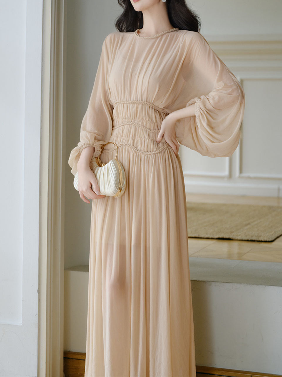 Nude Puff Long Sleeve Pleated Vintage Maxi Dress