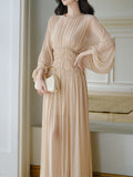 Nude Puff Long Sleeve Pleated Vintage Maxi Dress