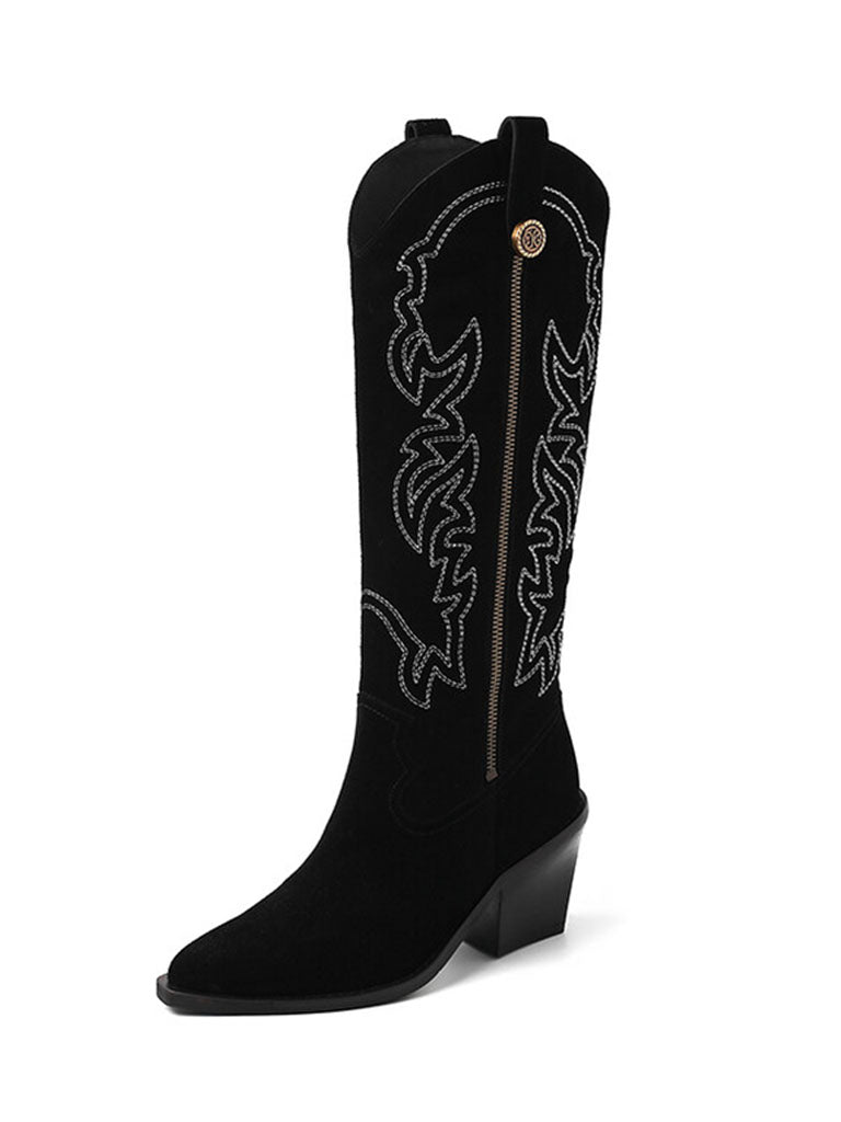 Boots Pointed Toe Chunky Heel Bohemian Embroidery Suede Knee High Boots