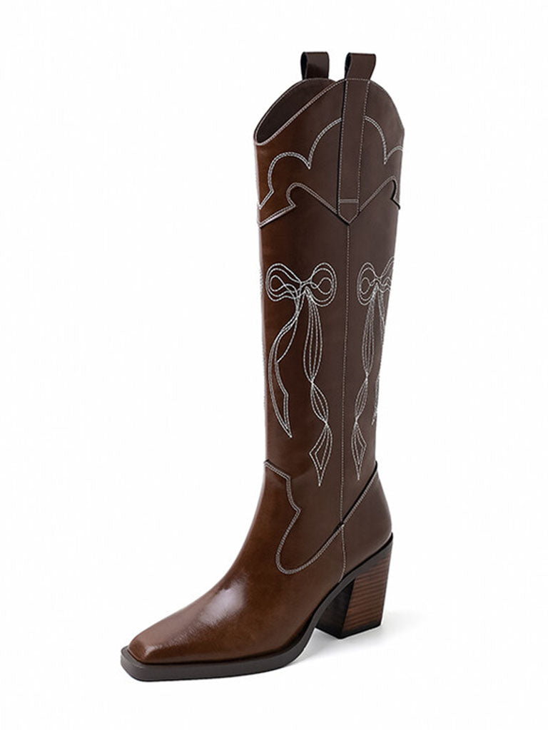 Boots Pointed Toe Chunky Heel Bohemian Embroidery Knee High Boots