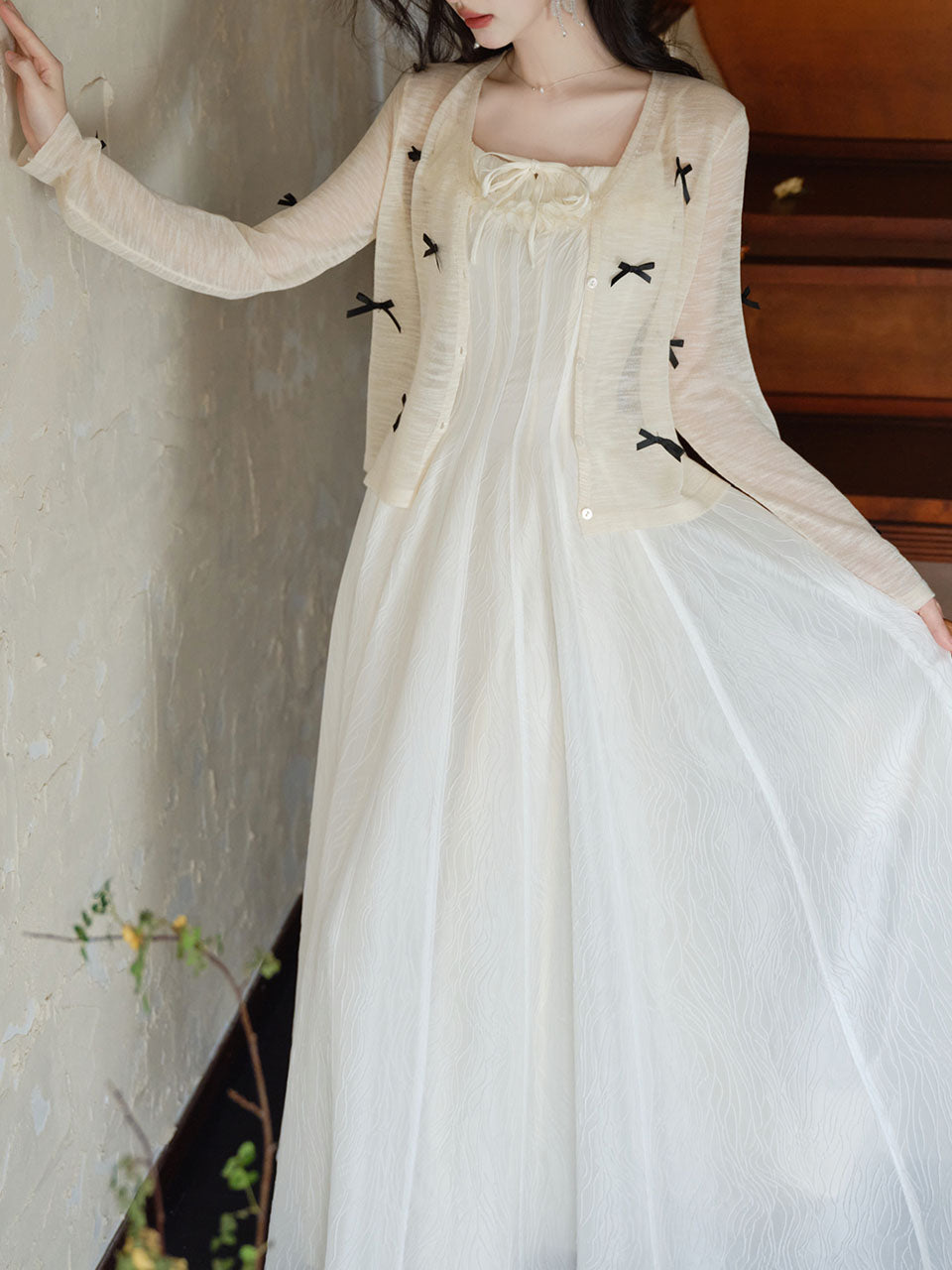 White Jacquard Acetate Sling Ruffle Wedding Maxi Dress and Bow Cardigan