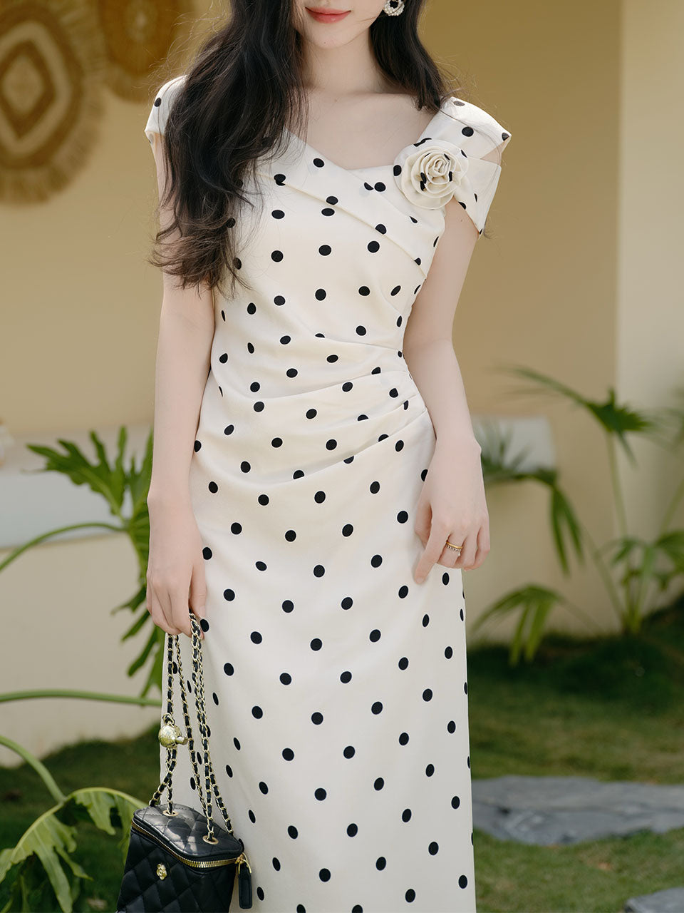 White Polka Dot Retro One Shoulder Chiffon Midi Dress