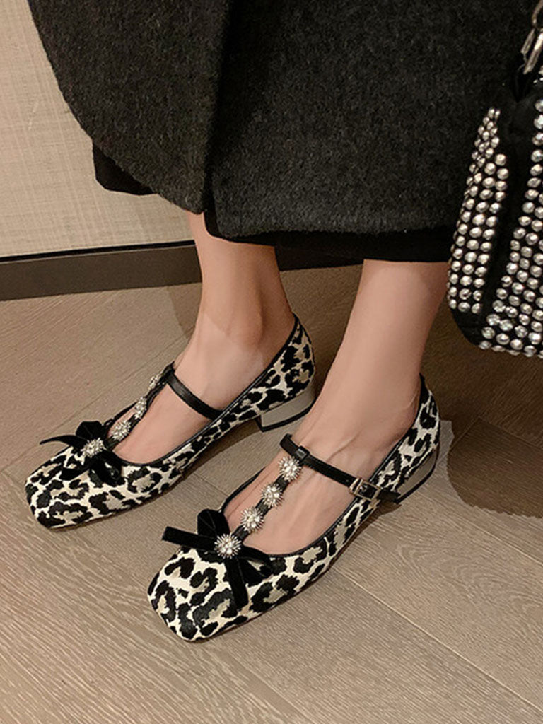 Flat Heel Leopard Square Toe T-strap Rhinestone Vintage Shoes