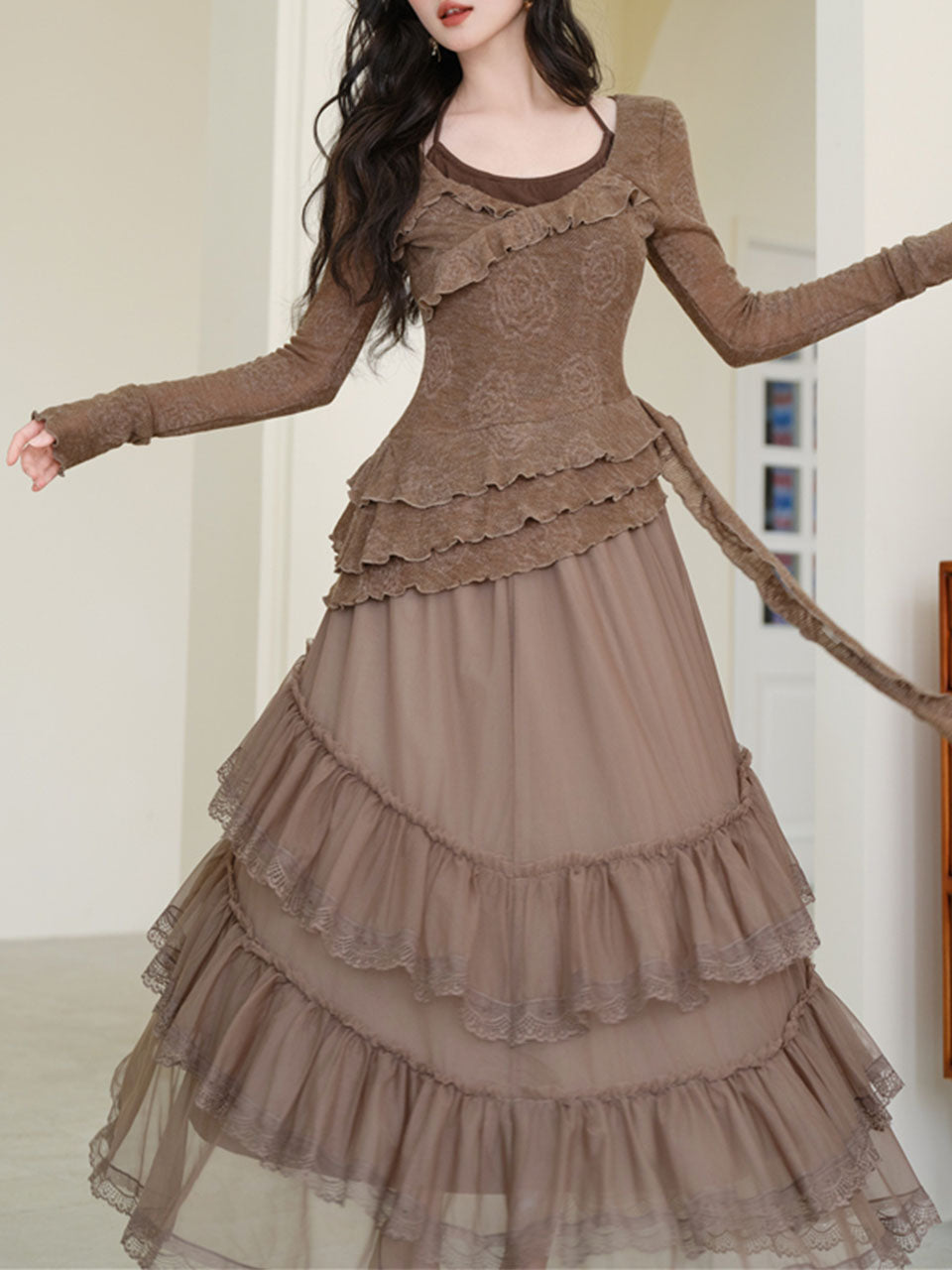 1950S Vintage Brown Rose Top and Swing Skirt Set