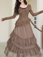 1950S Vintage Brown Rose Top and Swing Skirt Set
