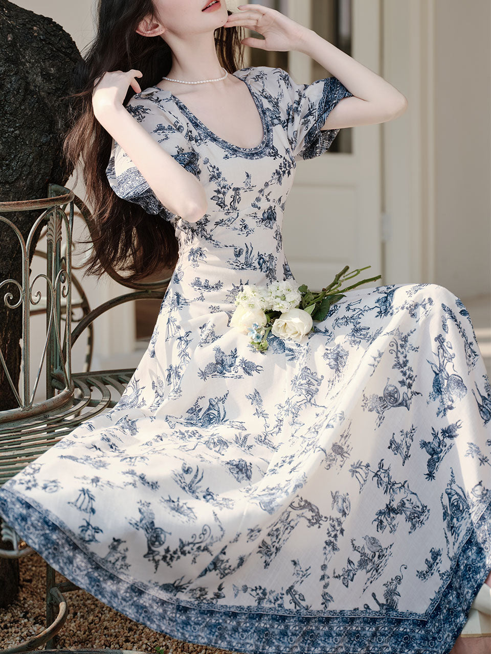 Blue Vintage Pattern Puff Sleeve Victoria Edwardian Dress