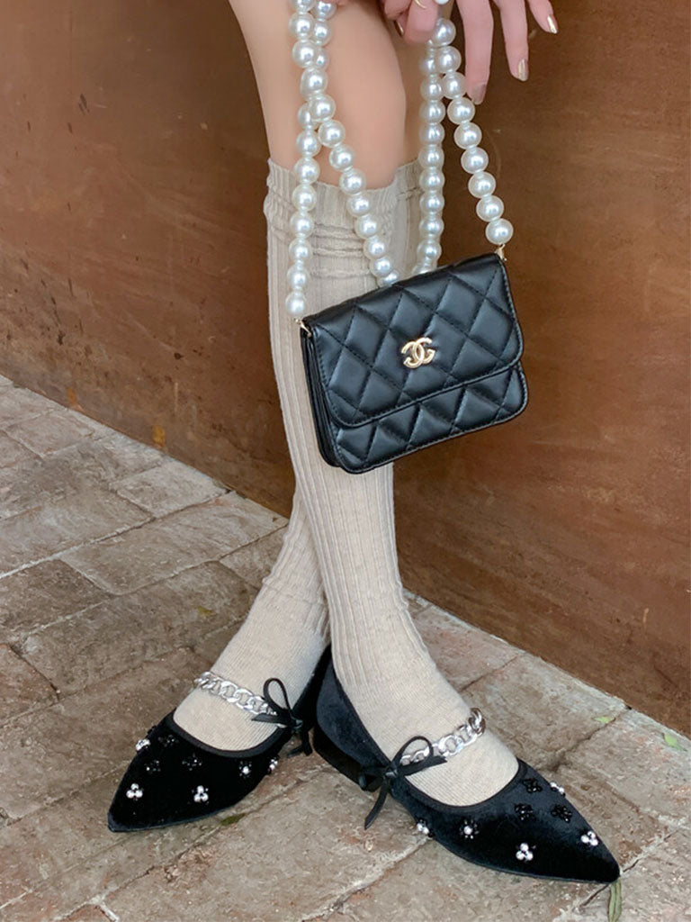 Flat Heel Pointed Toe Hollow Belt Velvet Pearl Vintage Shoes