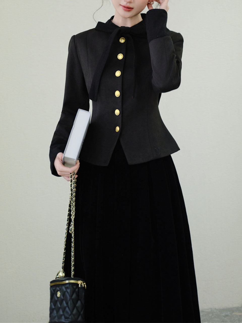 Black Bowknot Collar Gold Buttons Winter Coat and Black Skirt Vintage Set