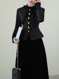 Black Bowknot Collar Gold Buttons Winter Coat and Black Skirt Vintage Set