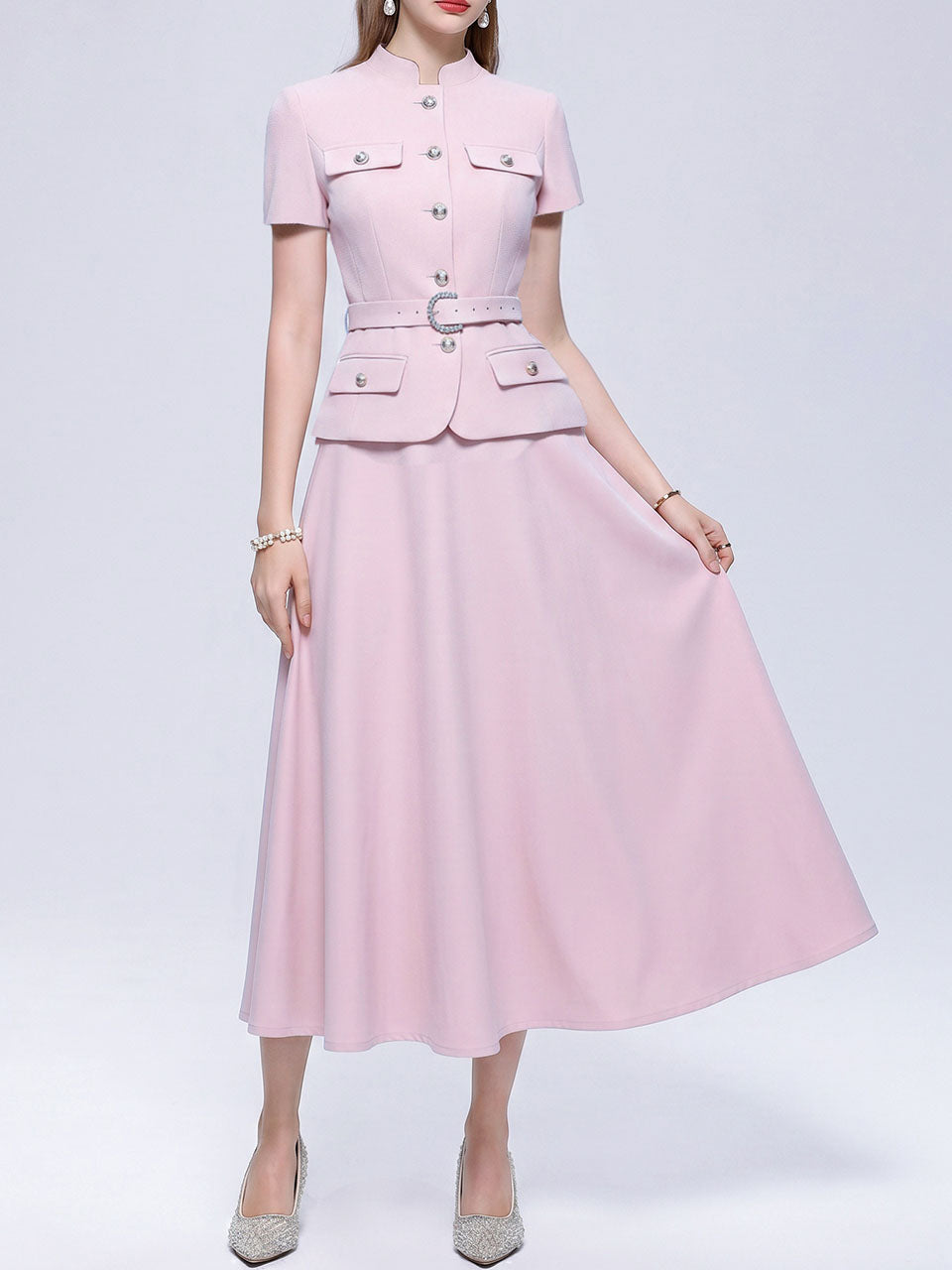 Elegance Baby Blue Short Sleeve Skirt Suit Set Elegant Work Midi Dress