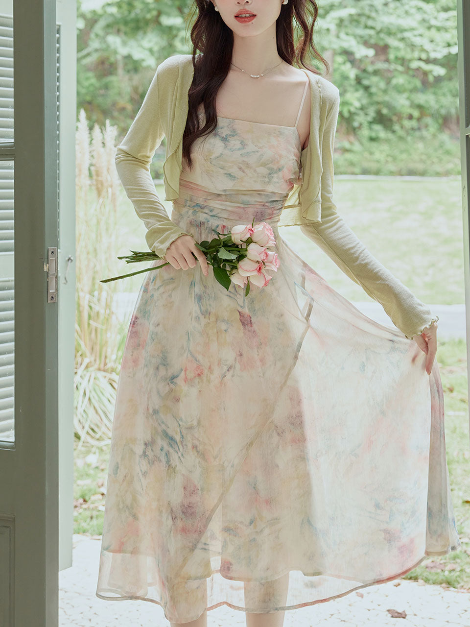 2PS Light Pink Floral Print Spaghetti Strap Dress