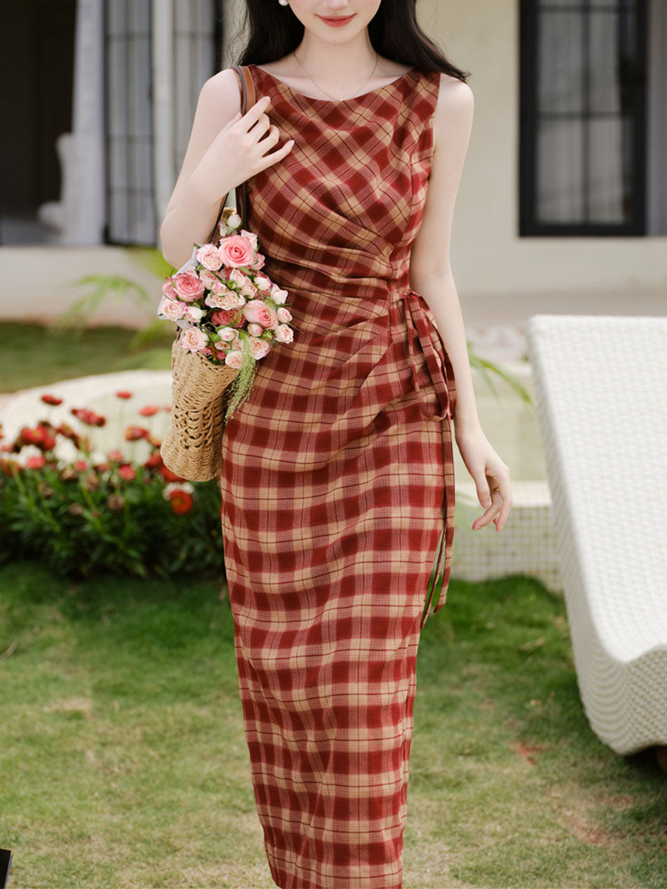 Brick Red Plaid 1950S Vintage Bodycon Dress