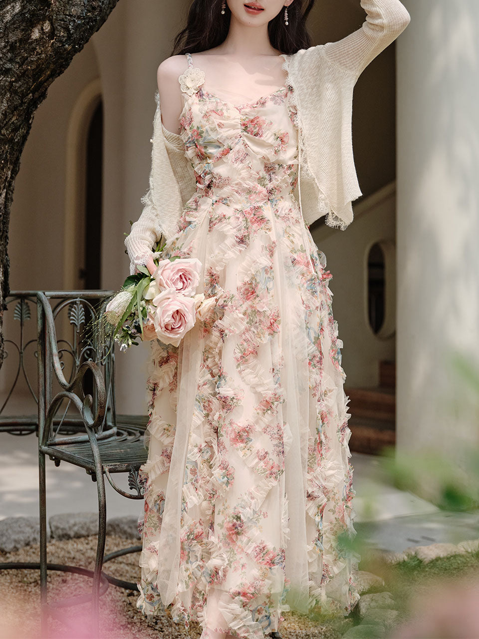 2PS Pink Spaghetti Strap Floral Mesh Ruffles Fairycore Dress