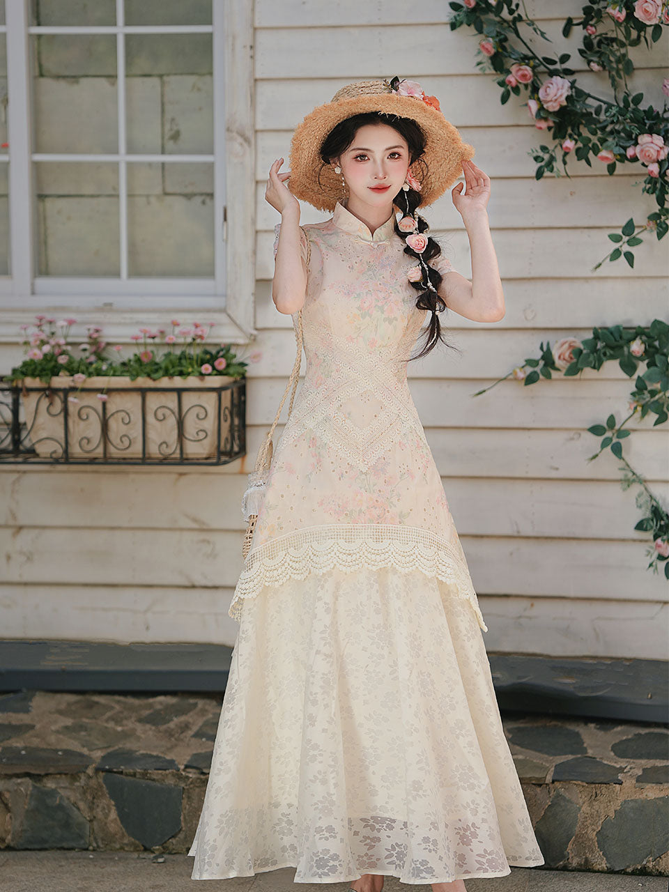 Pink Pastel Floral Lace Cheongsam Dress