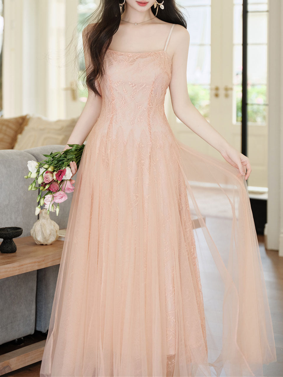 Balletcore Style Pink Mesh Flared Spaghetti Strap Maxi Dress