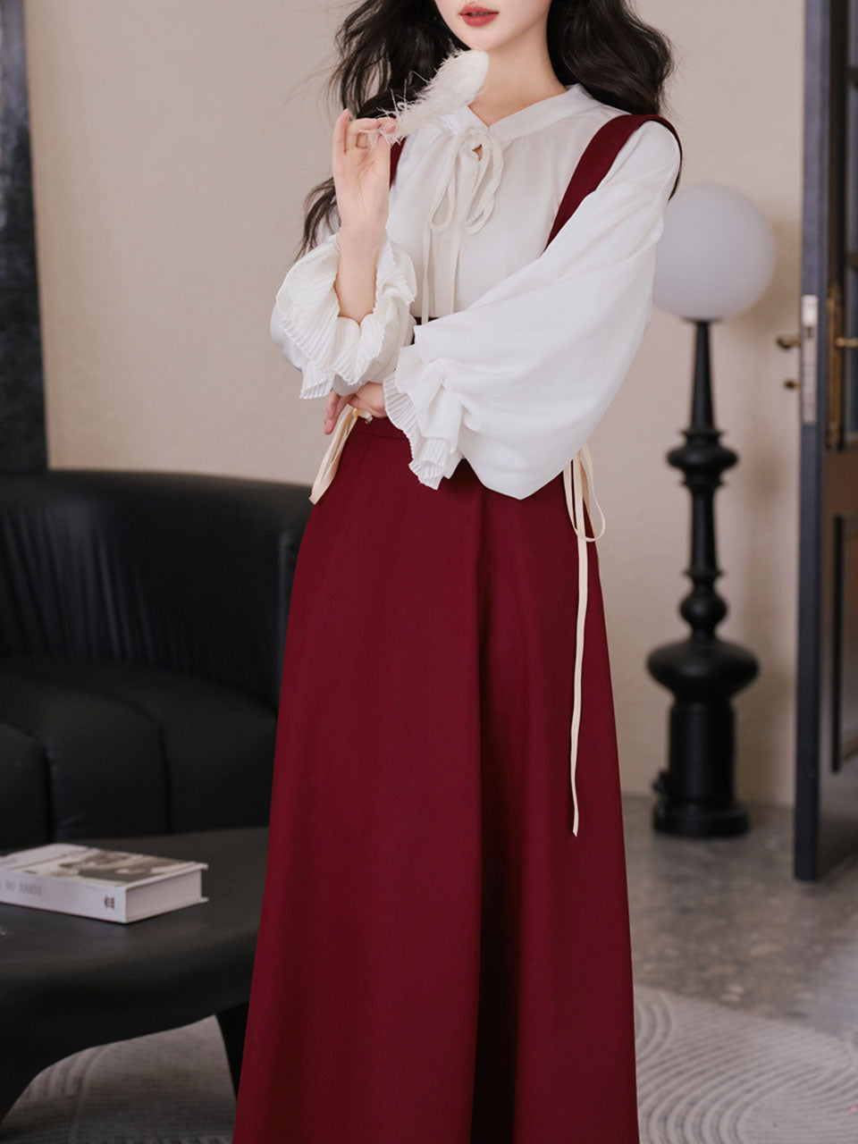 2PS White Long Sleeve Blouse And Red Supender Skirt Dress Set