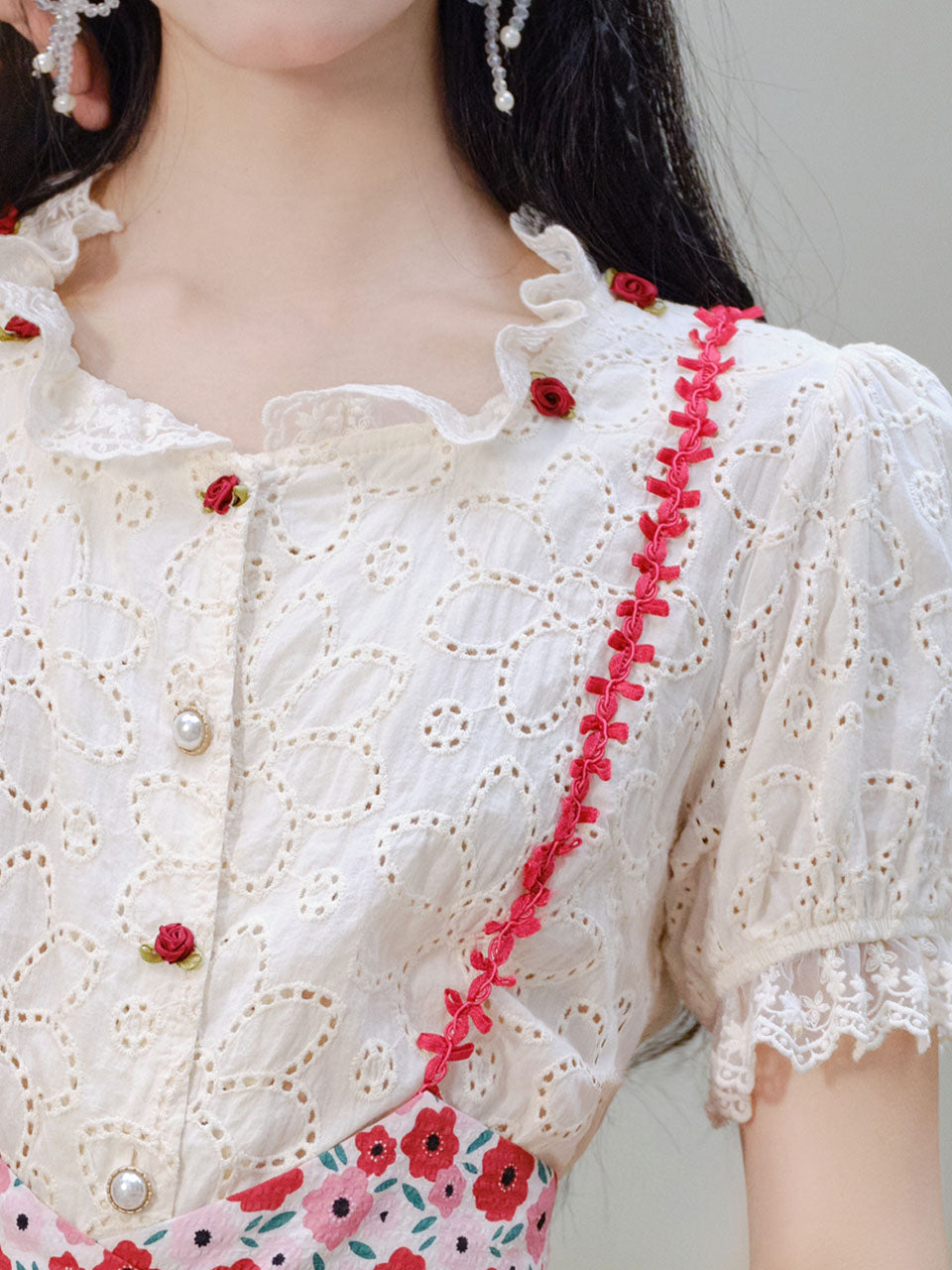 White Cotton Embroidered Shirt and Rose Print Suspender Dress
