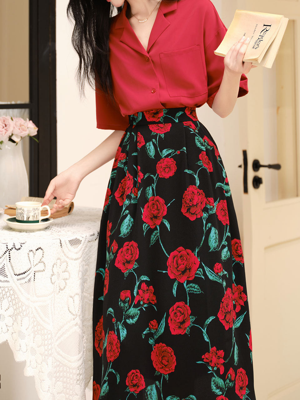 2PS Red Casual Shirt and High Waist Rose Print Skirt Outfit