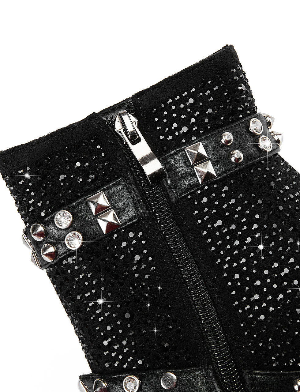 Black High Heel Pointed Toes Luxury Flower Bling Rhinestone Bootie Shoes