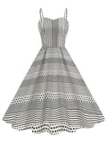 1950s Vintage Polka Dot Vertical Stripes Spaghetti Strap U-Neck Retro Swing Dress