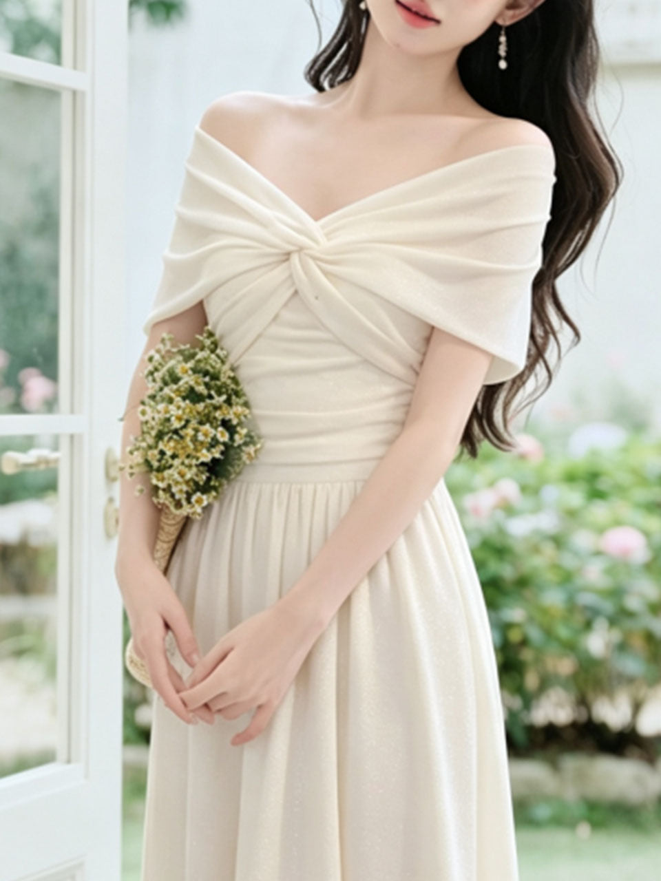 White Off Shoulder Sweetheart Vintage Wedding Maxi Dress
