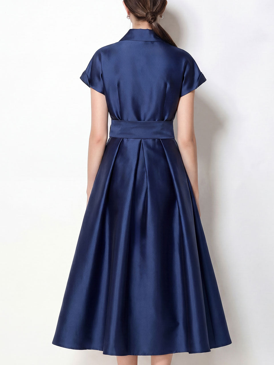 Vintage 1950s Audrey Hepburn Style Navy Satin Lapel Collar Midi Dress