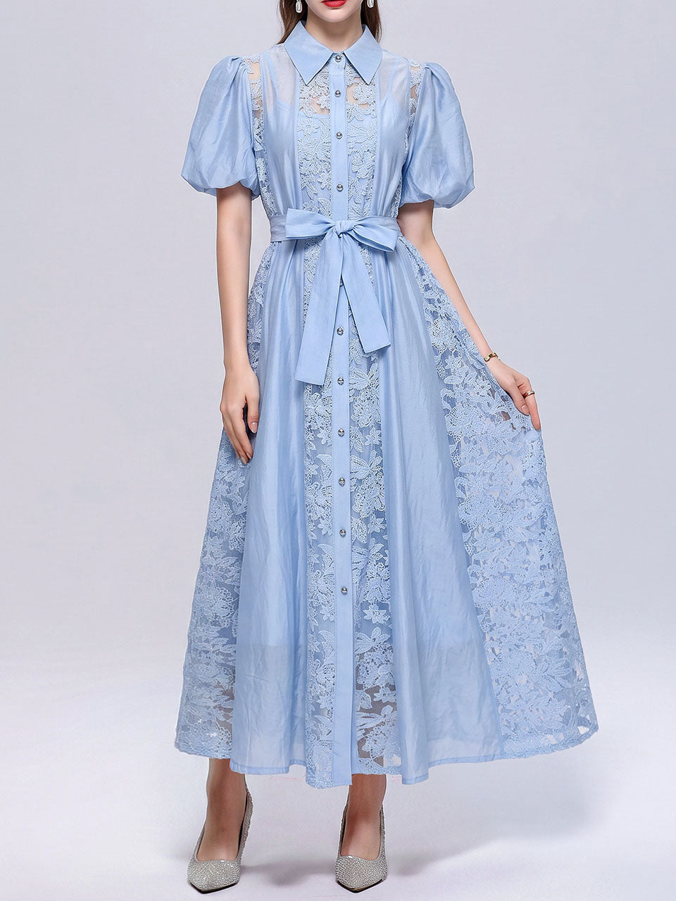 Pink Floral Lace Puff Short Sleeves A-Line Midi  Shirt Dress