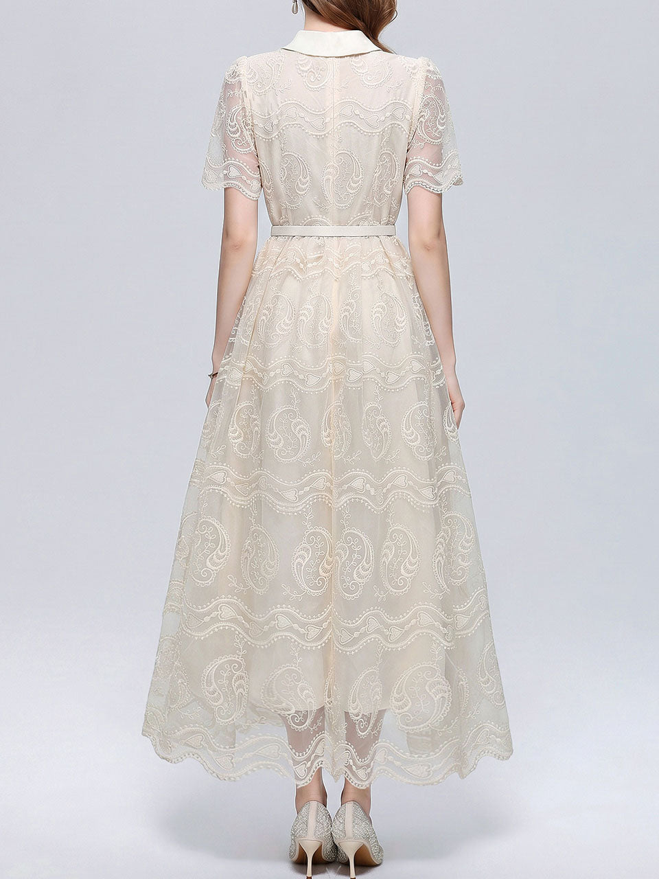 Beige Embroidered Lace Collared Shirt Dress
