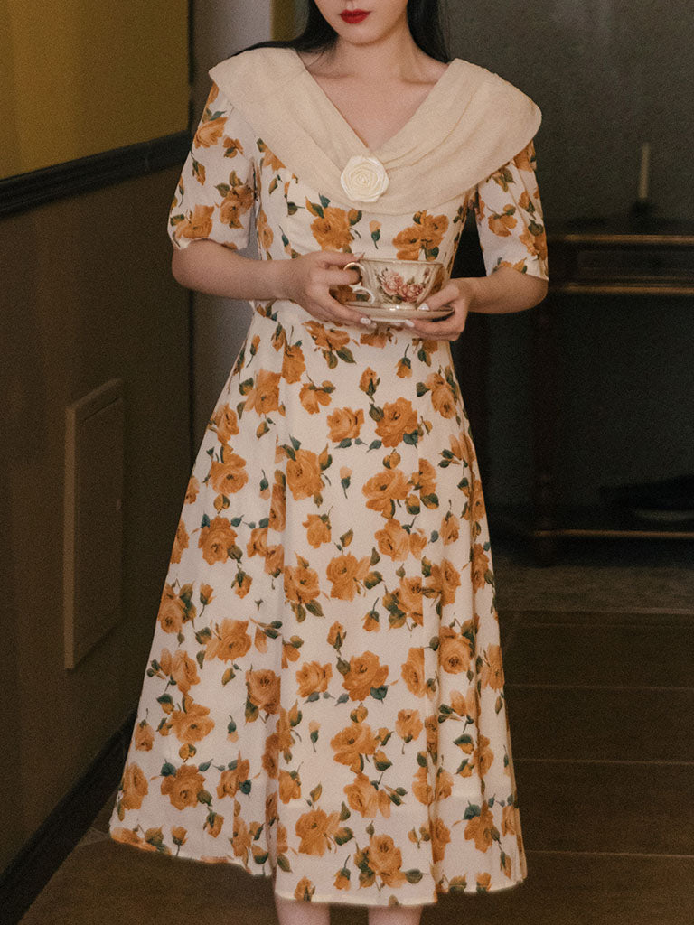 Orange Rose Print Off Shoulder Short Sleeves 50S Chiffon Dress