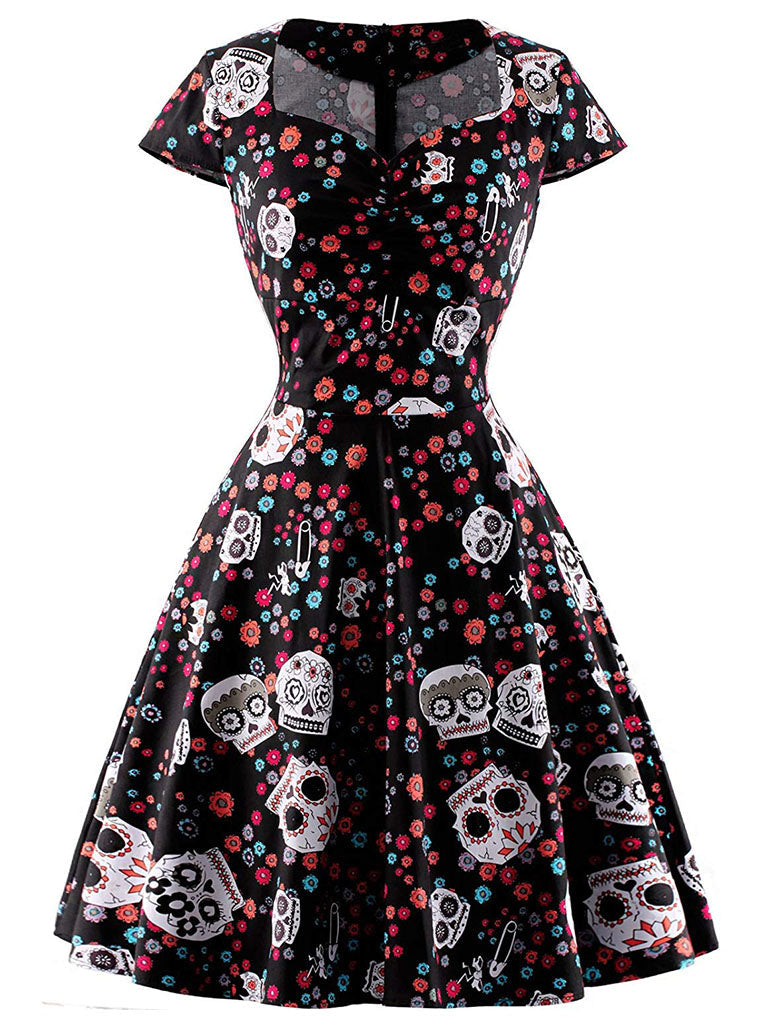 Halloween Red Skull Printed V Neck Vintage Dress
