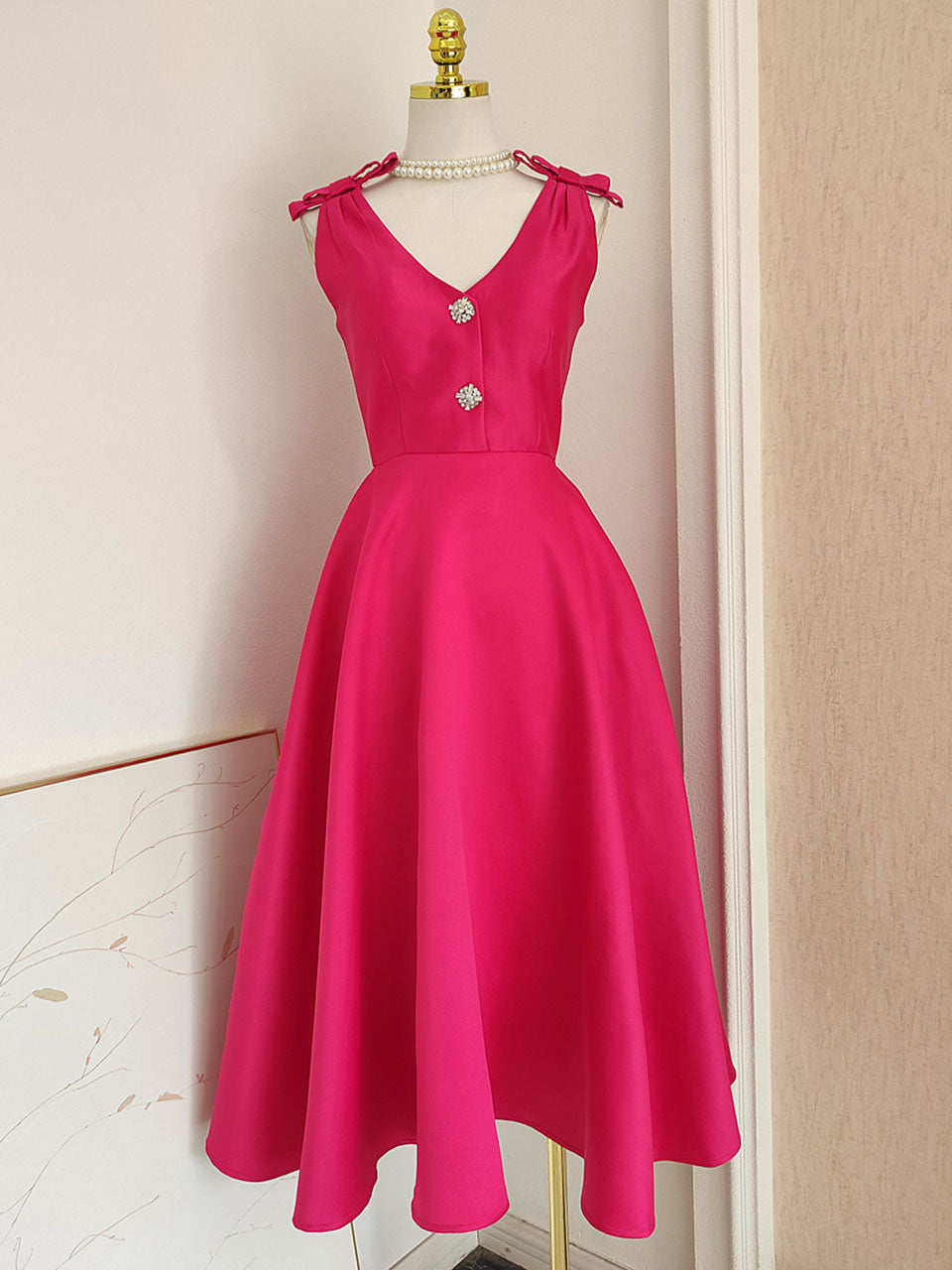 Rose Luxury Button V Neck High Waist Swing Party Dress