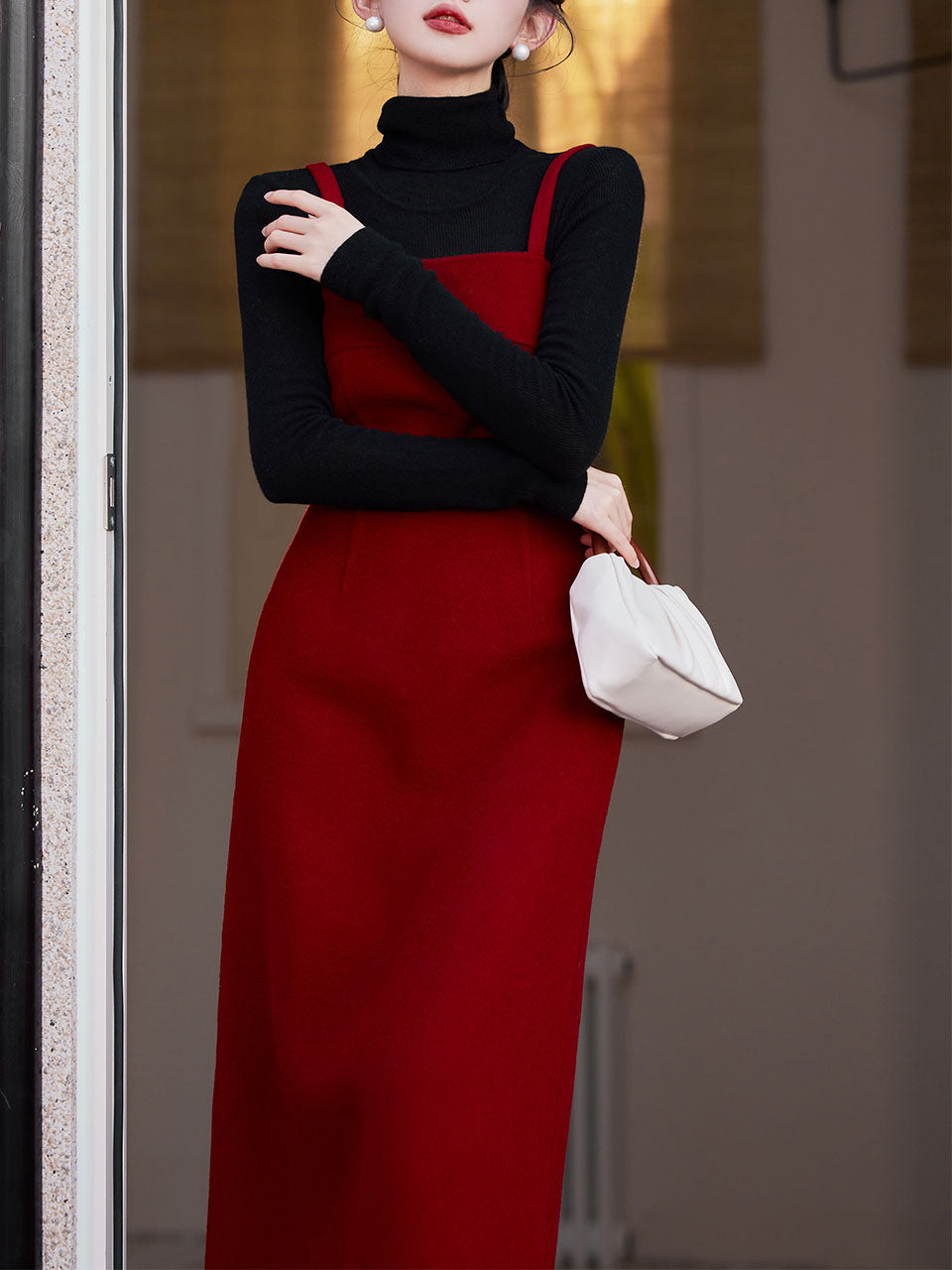 2PS Red Round Collar Long Sleeve Wool Coat
