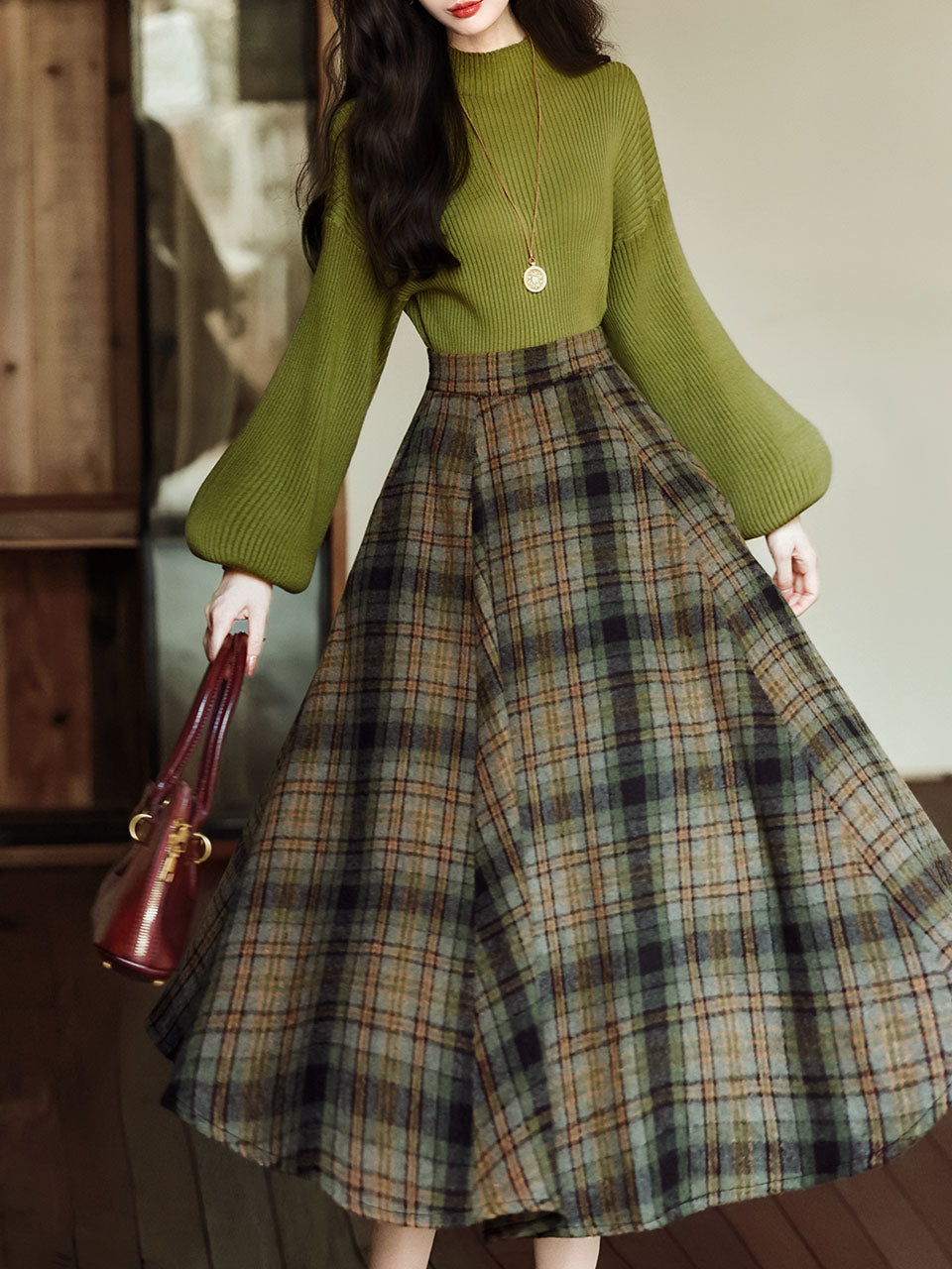 2PS Green Sweater And Plaid Swing Skirt 1950S Vintage Audrey Hepburn's Style Outfits