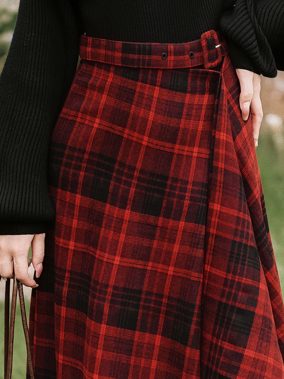 2PS Black Sweater And Red Plaid Swing Skirt 1950S Vintage Audrey Hepburn's Style Outfits