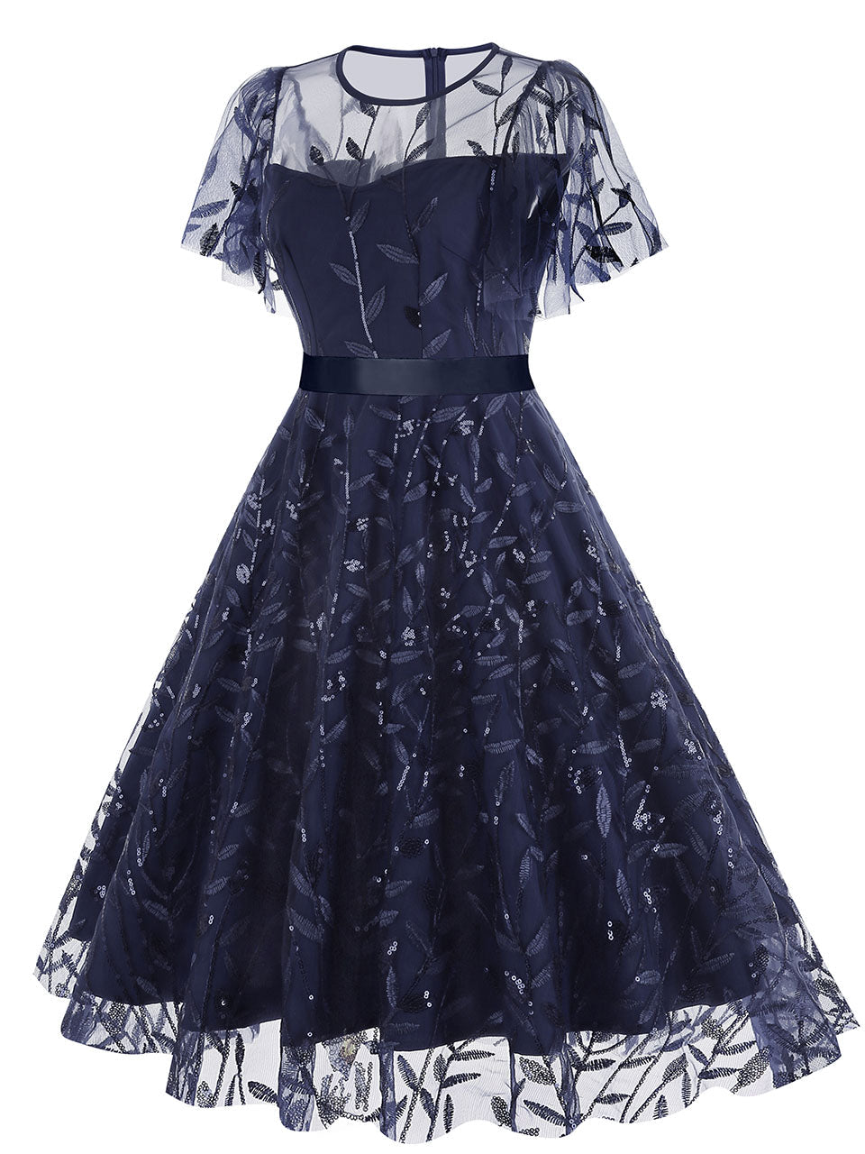 Baby Grey Semi Mesh Leaf Sequins Embroidered Short Sleeve 1950S Swing Dress