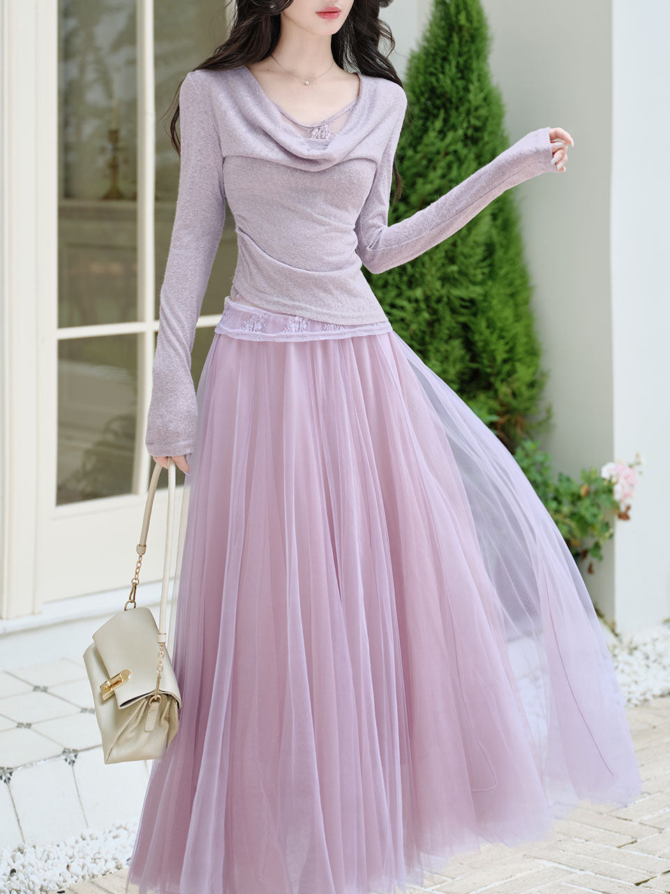 2PS Purple Lace Long Sleeve T-shirt And Purple Swing Tulle Skirt Suits