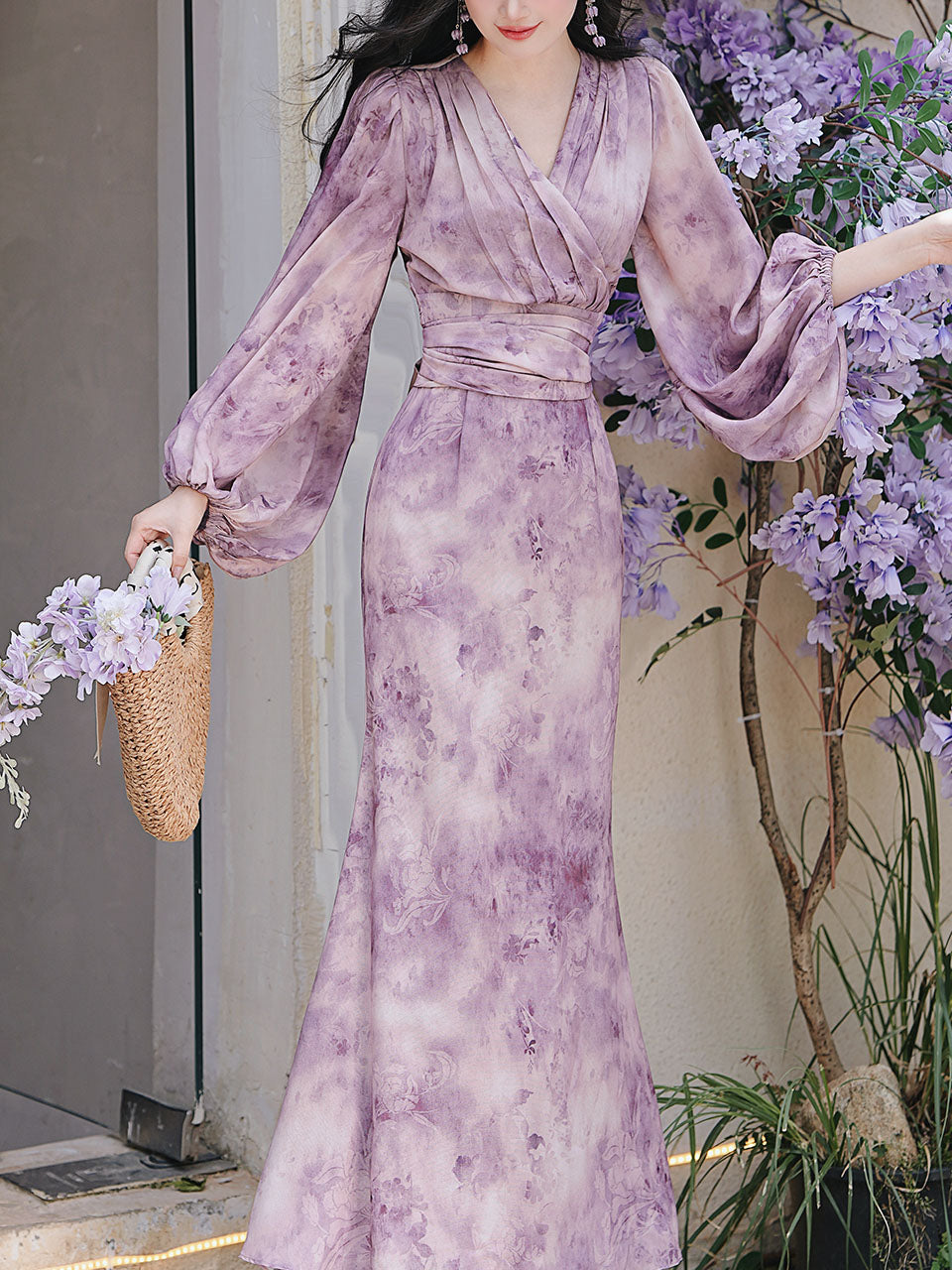 Purple Printed V-Neck Lantern Sleeve Mermaid Dress