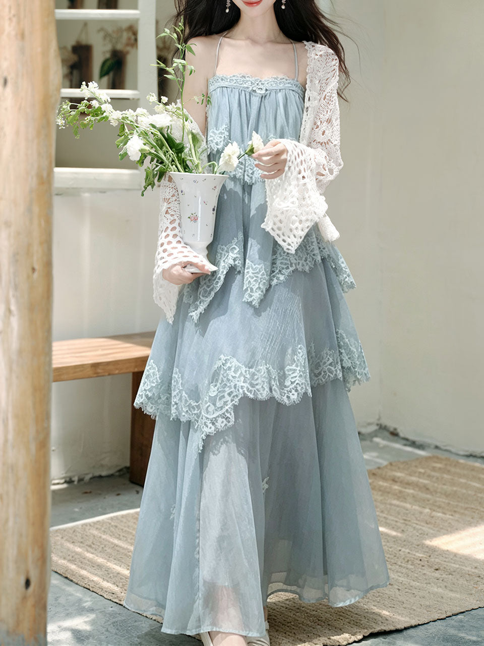 Blue Lace Spaghetti Strap Irregular Tiered Maxi Dress