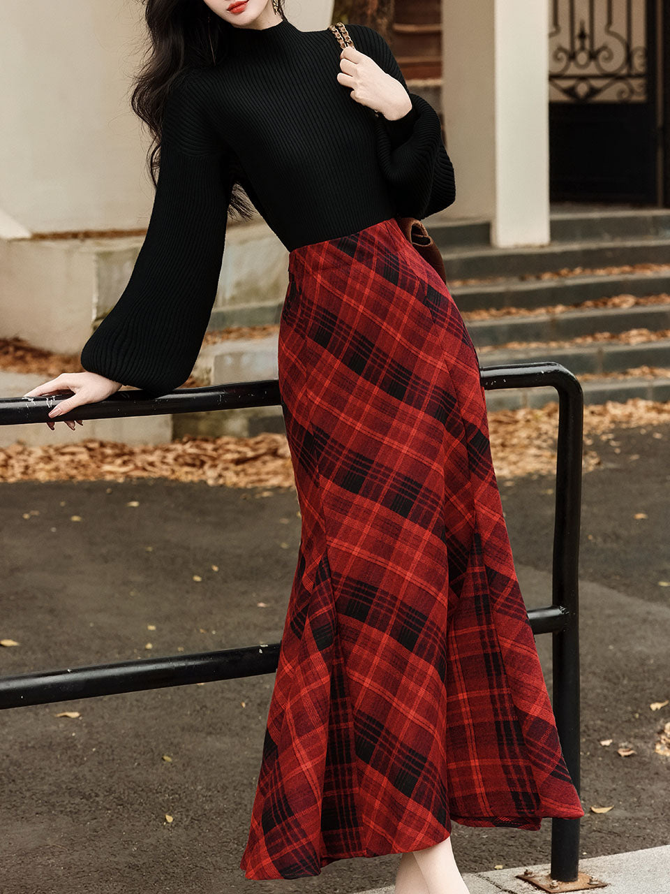 2PS Black Sweater And Red Plaid Fishtail Skirt 1950S Vintage Audrey Hepburn's Style Outfits