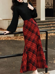 2PS Black Sweater And Red Plaid Fishtail Skirt 1950S Vintage Audrey Hepburn's Style Outfits