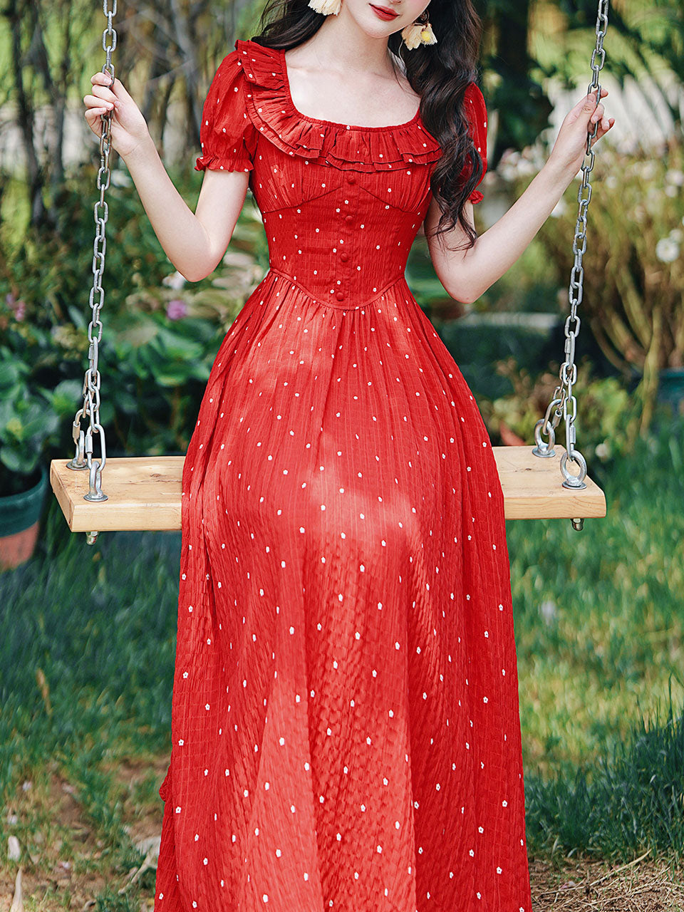 1950S Vintage Red Polka Dots Square Collar Swing Dress
