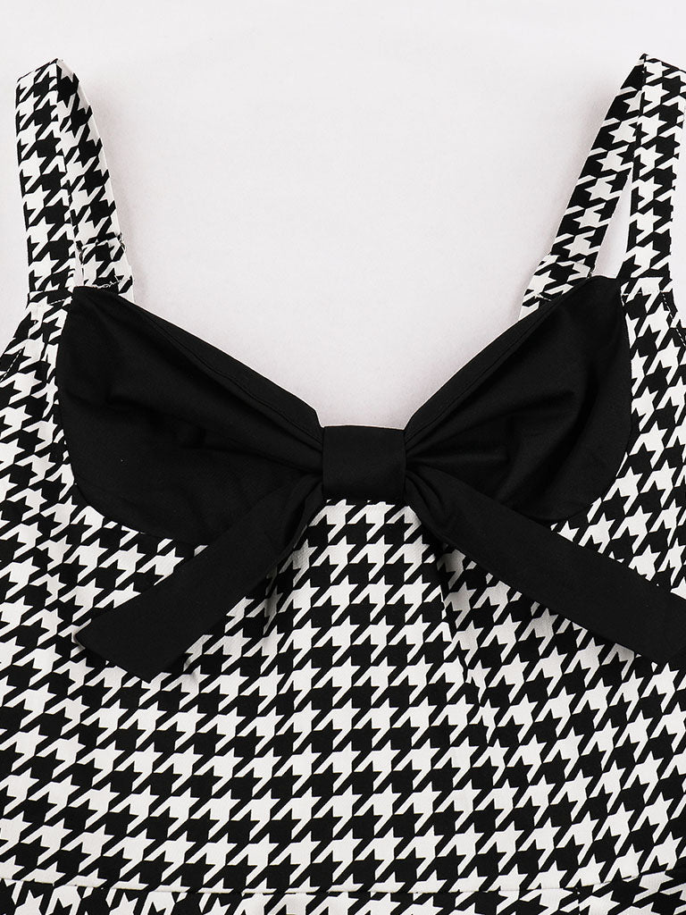 Black Houndstooth Print Spaghetti Strap 1950S Vintage Swing Dress