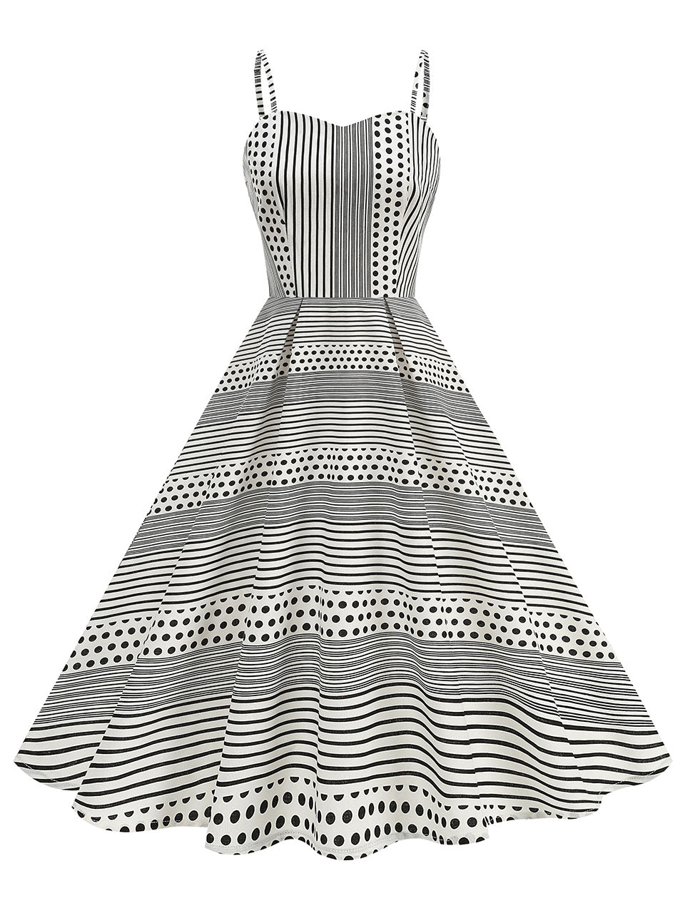 1950s Vintage Polka Dot Vertical Stripes Spaghetti Strap U-Neck Retro Swing Dress