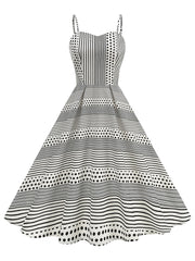 1950s Vintage Polka Dot Vertical Stripes Spaghetti Strap U-Neck Retro Swing Dress