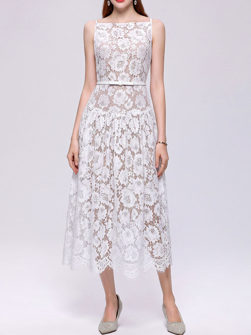 White Floral Sleeveless Boat Neck A-Line Wedding Lace Dress