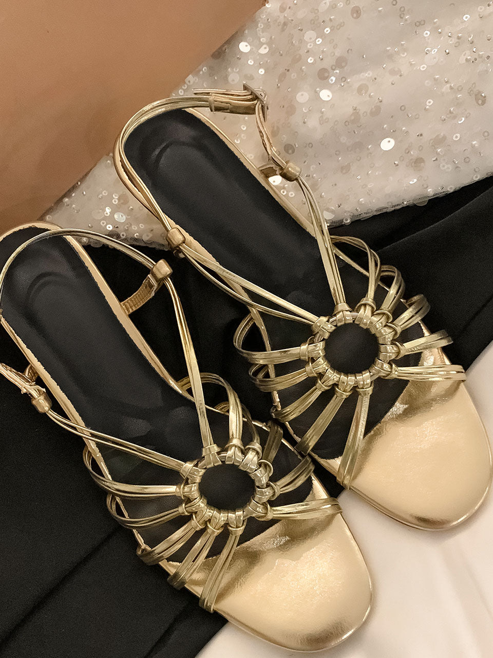 Round Toe Gold Spool Heel Sandals Leather Vintage Shoes