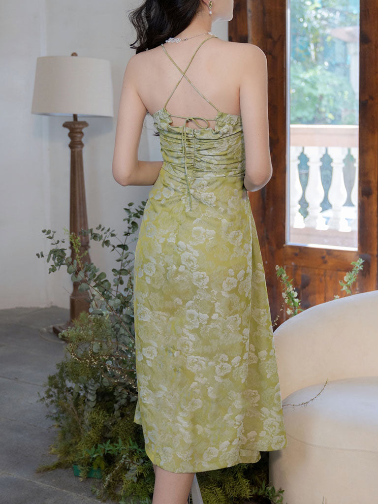 Green Rose Floral Spaghetti Strap 1950S Vintage Dress