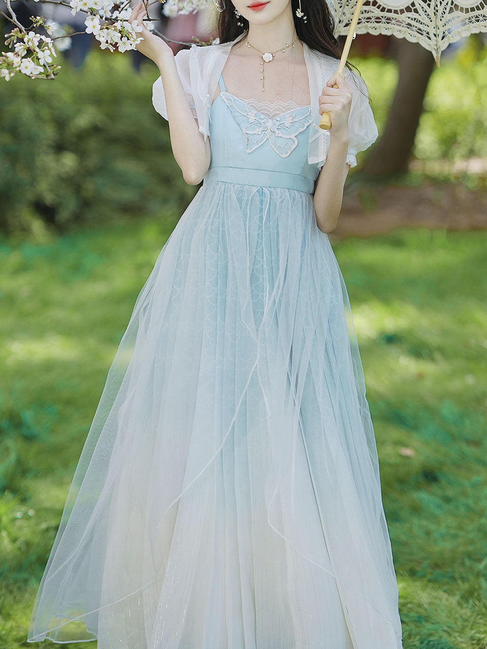 2PS Baby Blue Embroidered Butterfly Vintage Dress