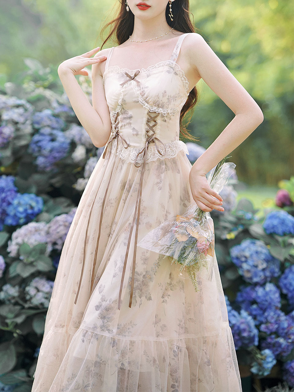 2PS Apricot Floral Print Ruffles Spaghetti Strap Princess Dress